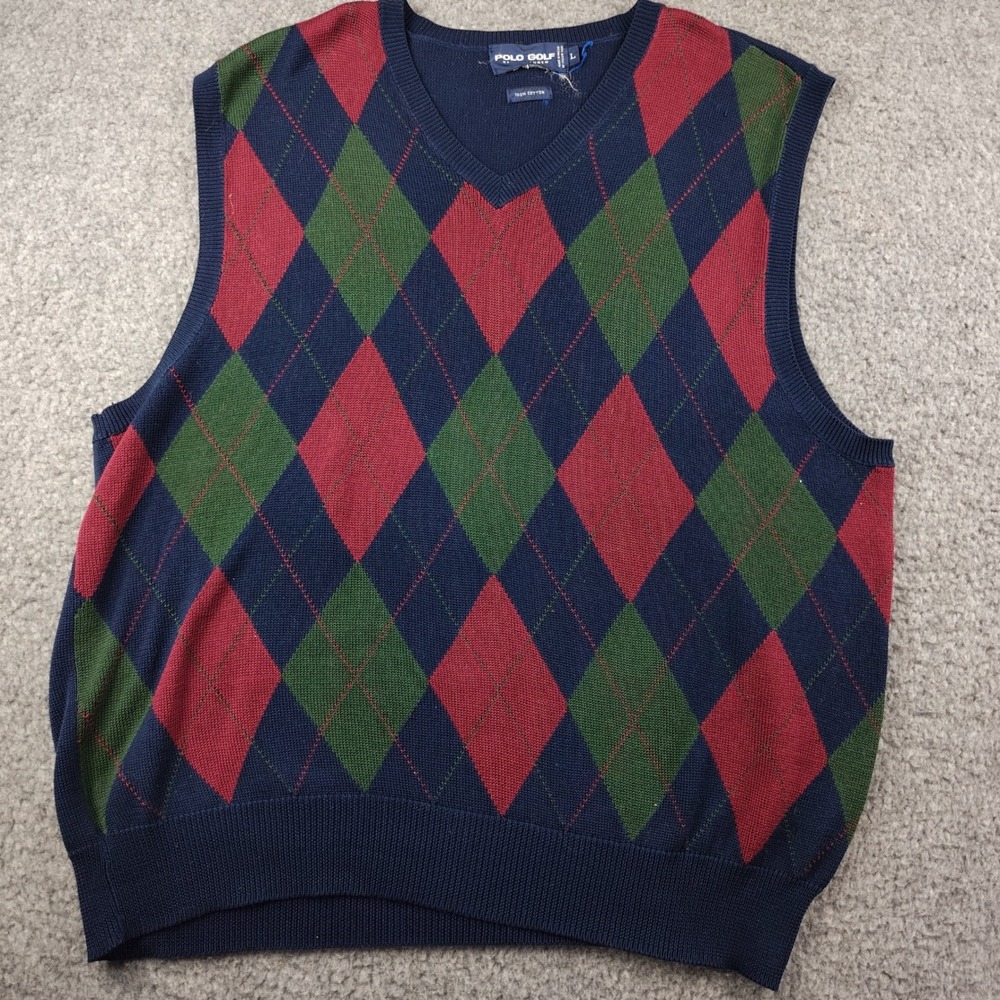 VTG Polo Ralph Lauren Golf Cotton Sweater Vest Mens Large Argyle Navy Blue EUC